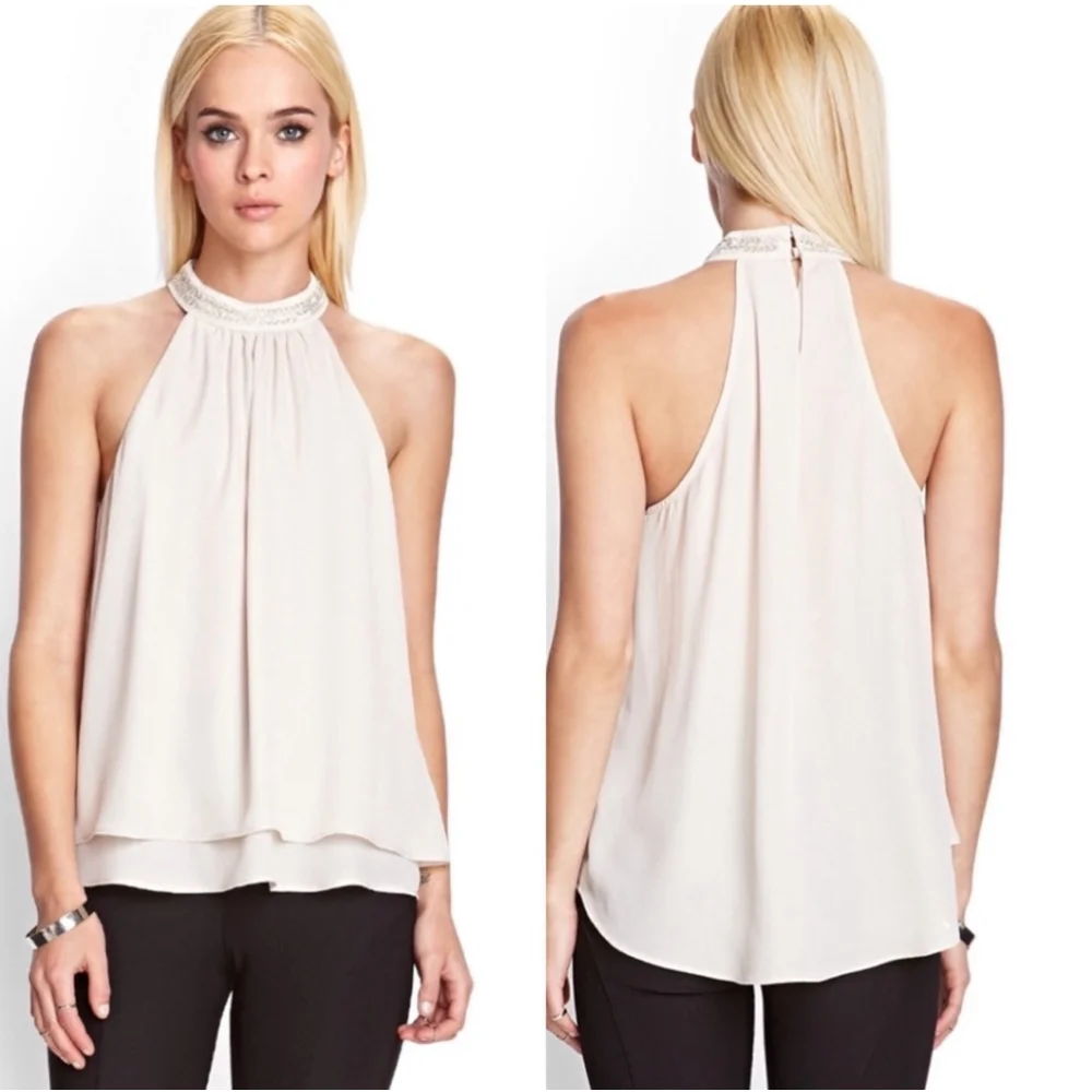 Forever 21 Beaded Halter Cream Blouse Relaxed Fit Small Top - Picture 1 of 10